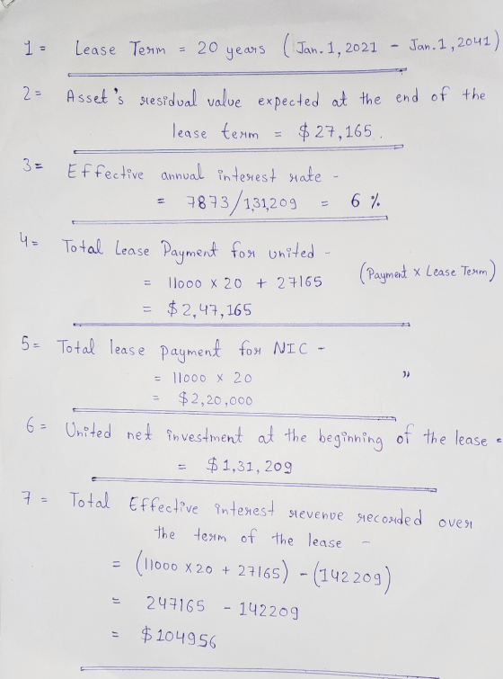1 - Lease Term = 20 years (Jan. 1,2021 - Jan. 1, 2041) 2 - Assets residual value expected at the end of the lease team $ 27,