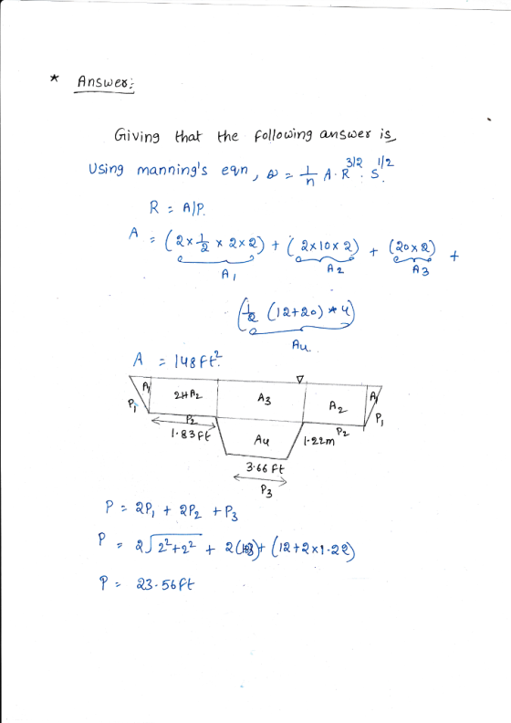 x Answes that the following answer is 312 2 Using mannings e9mノ A. R A2 1.83 1-2오 3 3.66 Pt P23 56 Pt