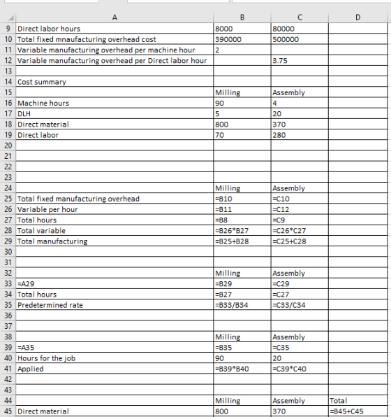B 8000 390000 80000 500000 3.75 А 9 Direct labor hours 10 Total fixed mnaufacturing overhead cost 11 Variable manufacturing o