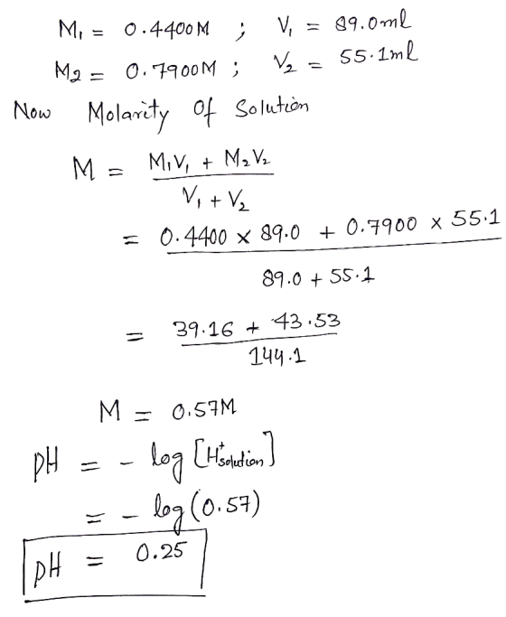 Mi = 0.4400M ; V, = 89.0ml M2 = 0.79001 ; V2 = 55.1ml Now Molarity of solution M = Miv, + M2 V2 - Vit V₂ = 0.4400 x 89.0 + 0.