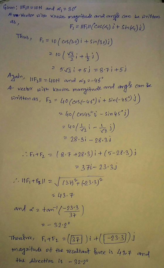 can be written 2 10 Giren; 118, 112ION and L, 230° A ve- Veeton with known magnitude and angle Fj z 11Fill(Cos (41) i + sink