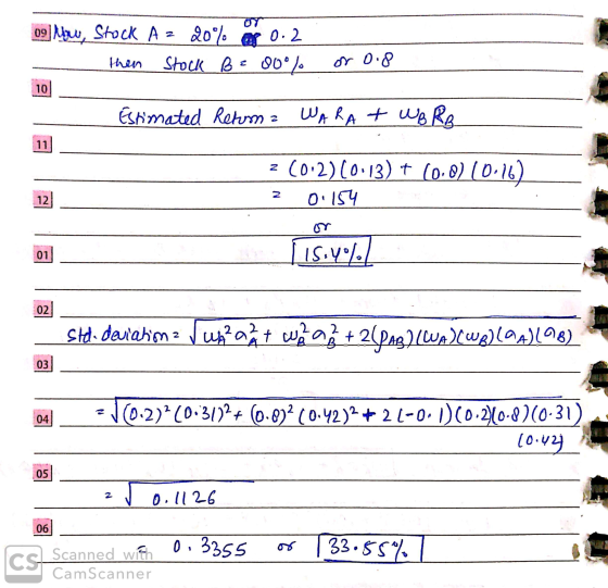 09 Mbw, Stock A = 20% of 0.2 then Stock Bz00% or 0.8 Estimated Retom a WARA & WB RR 2 (0.2)(0.13) + (0.0) (0.16) z 0.154 or [