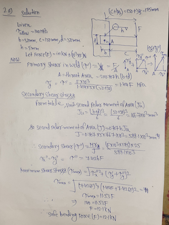 20) solution (C+bs) = 150 + 3x - 175mm lon 흭 QUIA h=5mm // À TĂ D TŐ - P = EX103 1.414X15X(30+30) hriven h Talow = 140 MPa b-