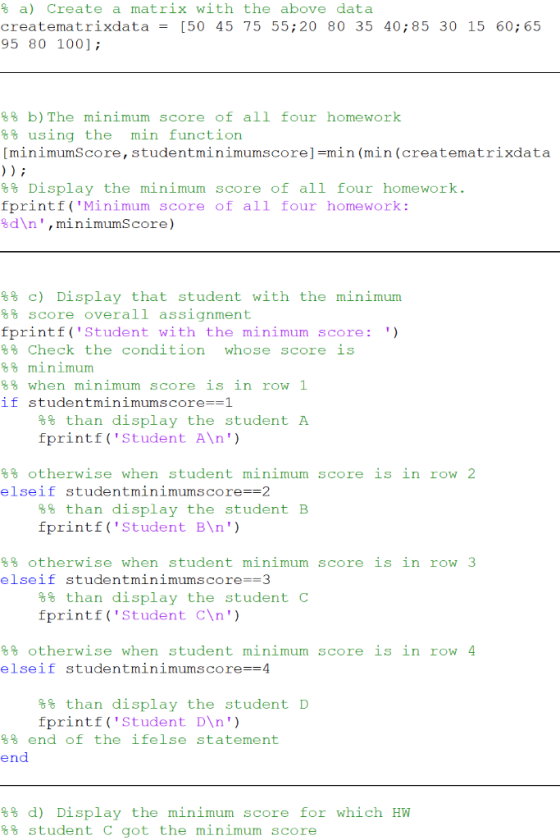 % a) Create a matrix with the above data creatematrixdata = [50 45 75 55; 20 80 35 40;85 30 15 60; 65 95 80 100); %% b) The m