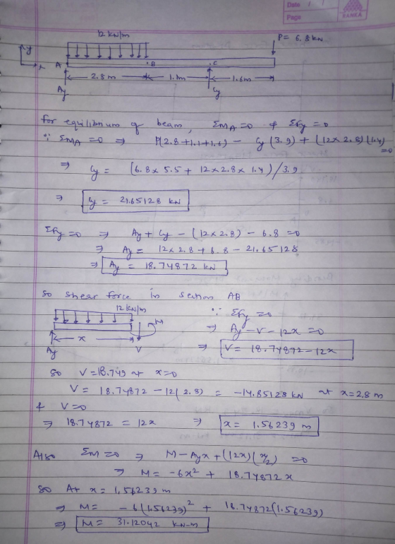 Date Page 12 kN/m P= 6.8kN - 2.8m * lilmk l. for equilibrium * Ema se o og beam EMATD & Efy = 0 2.8+1+1+) - g (3.9) + (123 2.