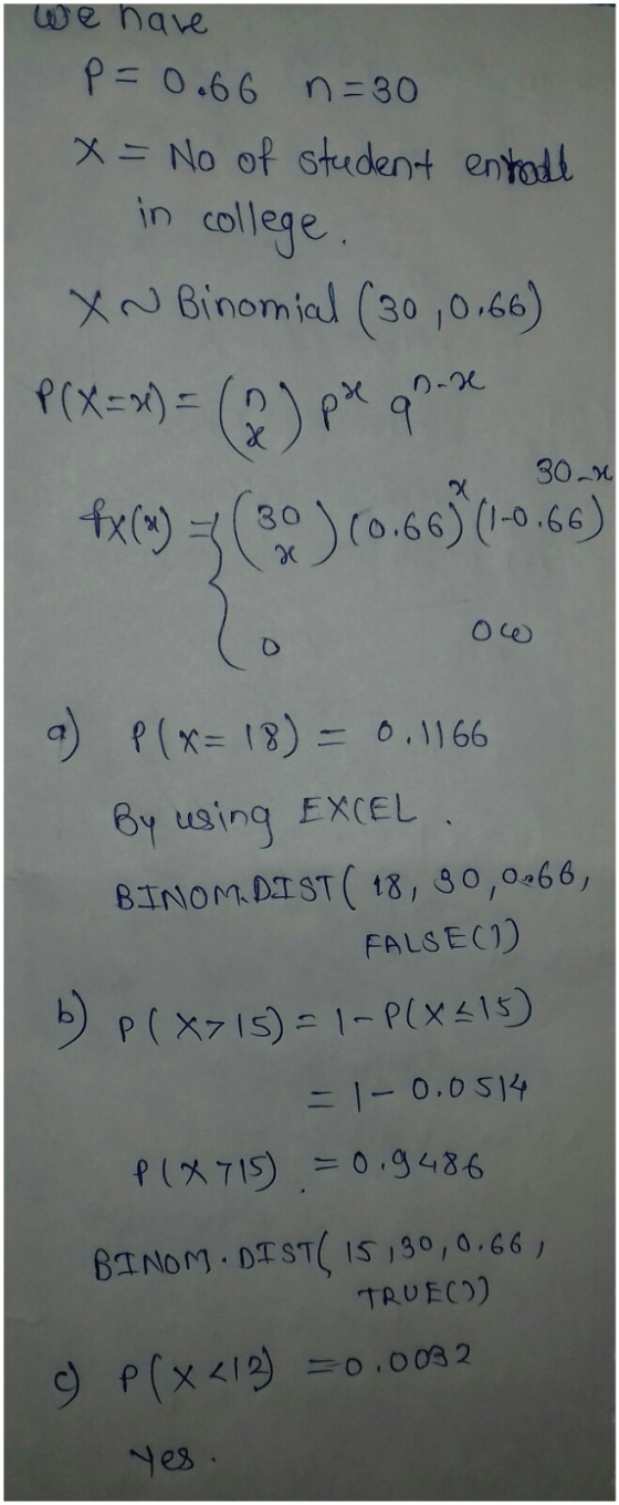 we have p=0.66 n=30 x = No of student entrade in college. X~ Binomial (30,0.66) P(X=%) = (2) pre quis 30_n fx (0) 3.0) (0.66)