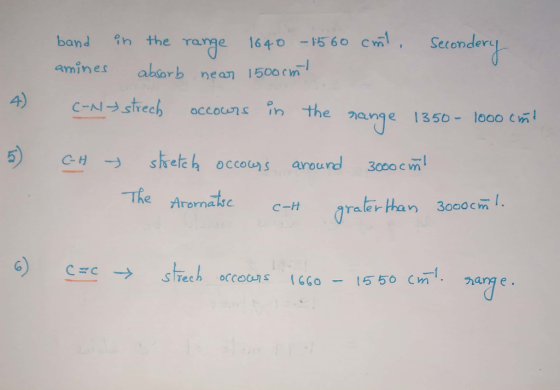 band n the range 1640-1560 cm Setonder 1500 cm-1 crk1→strech occocns %, the のan e 1350 amines abior rb near 5 The Arornate c-
