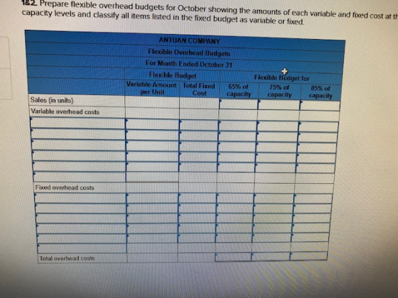 182. Prepare flexible overhead budgets for October showing the amounts of each variable and fixed cost at tt capacity levels