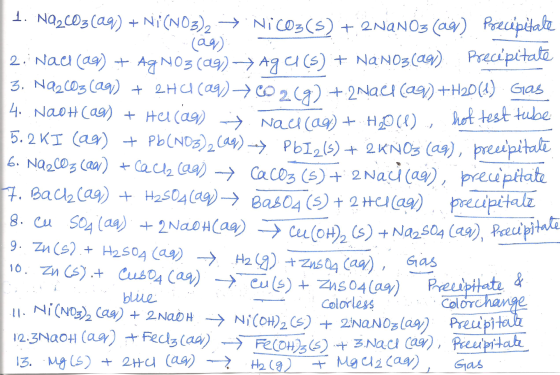 & Nach (aq) + H₂O(1) , hot test tube 1. Na2CO3(aq) + NI(NO3)2 + Nicos(5) + 2NaNO3(aq) Precipitate 2. Naci (29) + AgNO3 (29) A