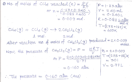 RT ® No. of moles of cold reacted (n) = RV P= . 23 alu - op n = 1.23x0.240 = 240 ml 0:082*400) = 0:240L = 0.009 moli R=0.08.2