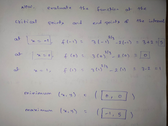 Now, eraluate the function the critical point, and end points of the interval at 213 f(-1) = 31-1) -2(-1) = 3 + 2 = 15 213 at