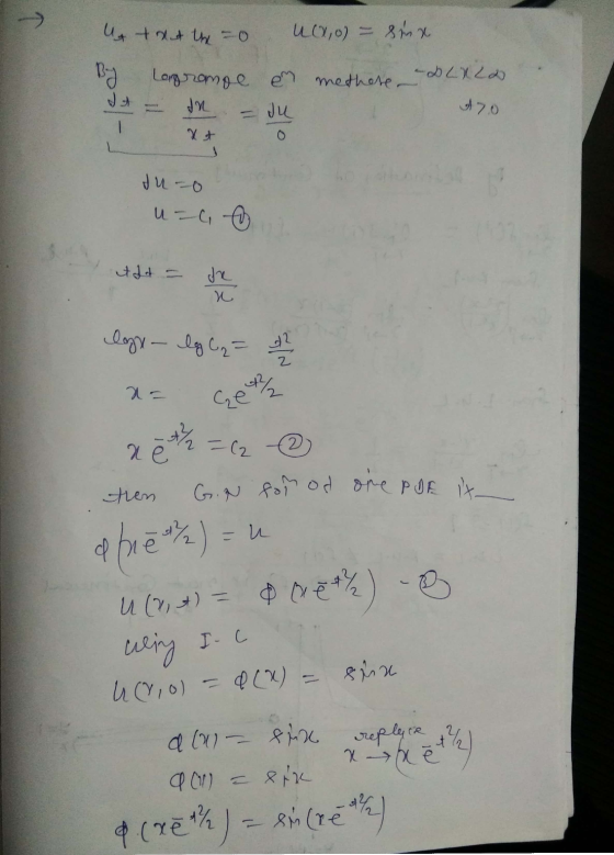 u taut the =0 Ucx,0) = sinx met here By Logrompe en dit = In - Ju do LX 22 470 I Xt tuto u 6,0 ethit = de logy - lg C2 = sh.