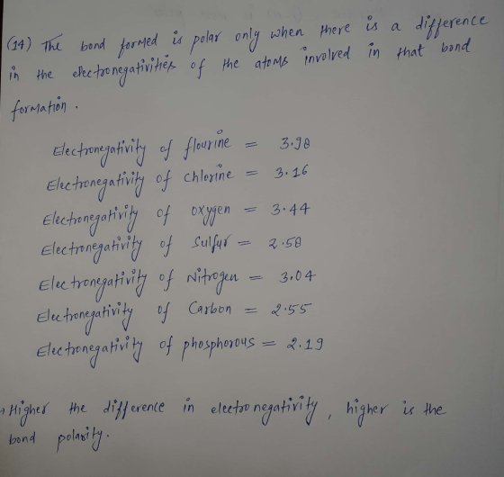(14) The bond formed is polar only when there is a difference in the electronegativities of the atoms involved in that bond f
