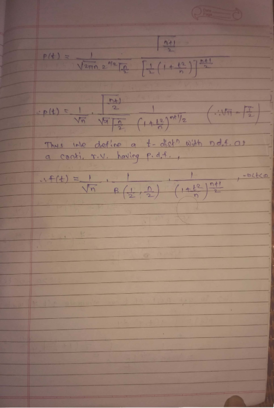 V2710,2) (1+3) Vñ non f1 ++27 m)2 This inle define a todist with ndof, as a conti, r.v. having podof. , f(t) = 1 ſ Vn B (2,