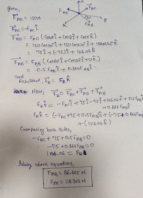 given, and FAD=ISON FACZ-FAC FAB FAD = FAO (Cosa? + Cos Bit Cost E) - 150 cos 60 i + 150 Cos1 20 h + 1500145k & T ?+(-15)h +