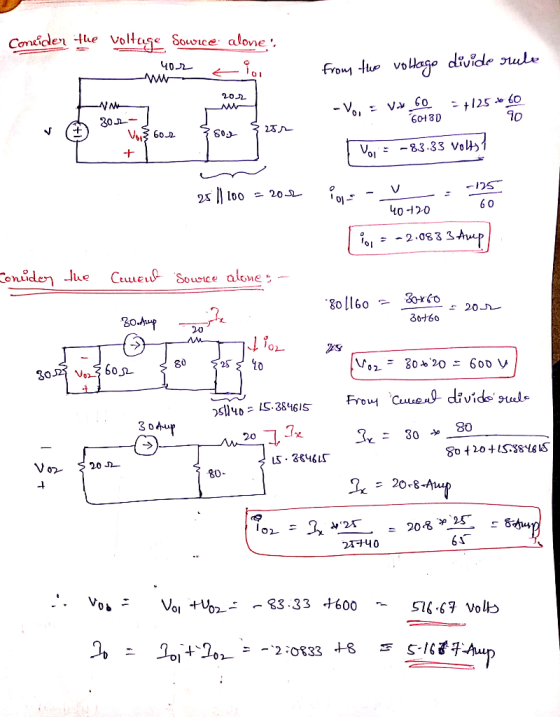 Coneider the voltage Sowie alone, 40-2 from the voltago divide rule -V, V60 60180 +1250 90 WA 302 Vo, 602 + 80. 23 Voi = -83.