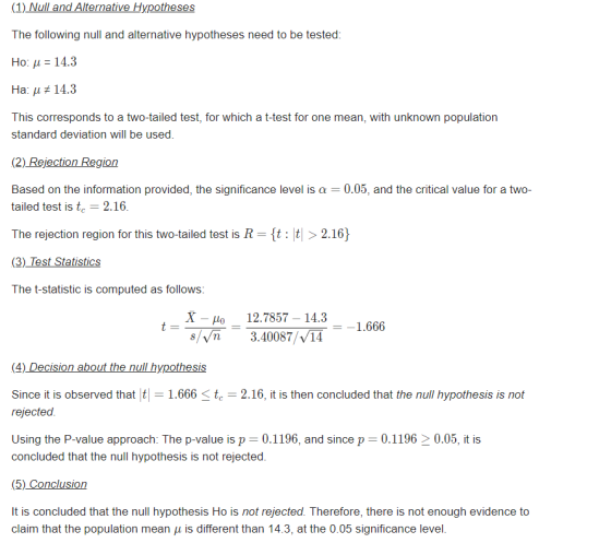 (1) Null and Alternative Hypotheses The following null and alternative hypotheses need to be tested: Ho: u = 14.3 Ha: u # 14.