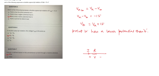 - - wich of the following expresses a double-superscript notation of Vab=-15 v? QUESTION 5 Which of the following expresses a