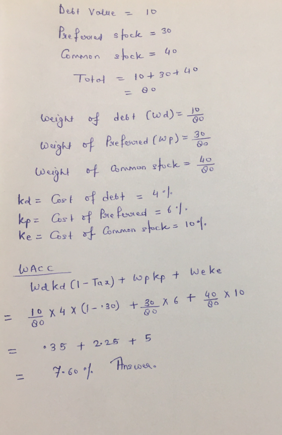 Dest Volue Pefosord stock - 30 Gommon bcke = 40 Totol /0 30+ 40 oight debt Cwa)= Jo bught of Pe fesred (Wp) 30 esght of amon