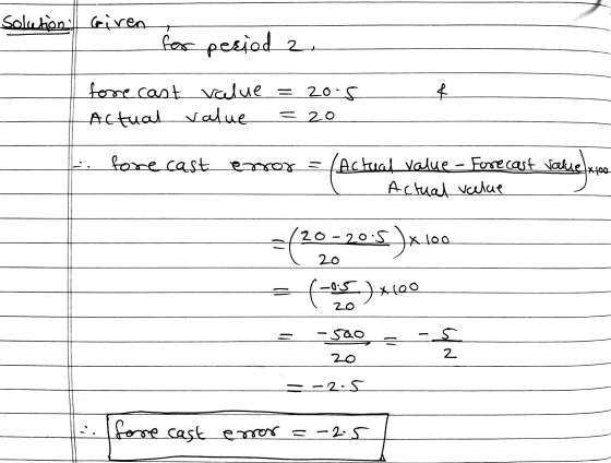 Solution Giren for period 2. forecast value = 20.5 Actual value = 20 1. forecast enor = (Actual value - Forecast voelse x too