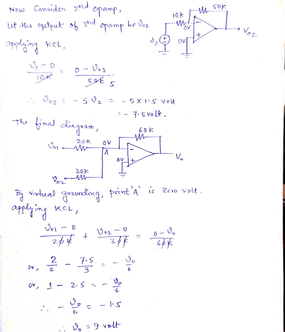 Now Conside 2nd Opamp optput of 2nd opomp 10k he Vor OV 5 v. 5 x 1 S VOlt 2. 7.5 Vo lt imal dingrom The 6 0 K 20K oV A 30K Bv
