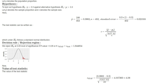 Let p denotes the population proportion. Hypotheses : To test null hypothesis Ho : p=0.3 against alternative hypothesis H1 :p