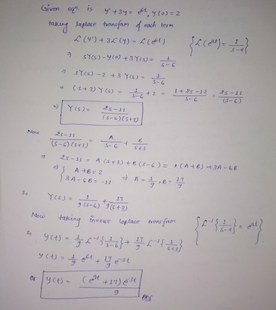 Given eq? is y +34= est 4 (0)=2 taking laplace transform of each term 2 (4) +32(Y)=2(est) 1 2 face) s 9 SY(S)-4(0) + 3 Ycs)