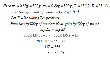 Here 께 = 0.5kg 500g, m, 0.8kg-800g. T-15°c, T-35 °C …Cl and Specific heat of water-1 cal g Let T -Re sulting Temperature Heat