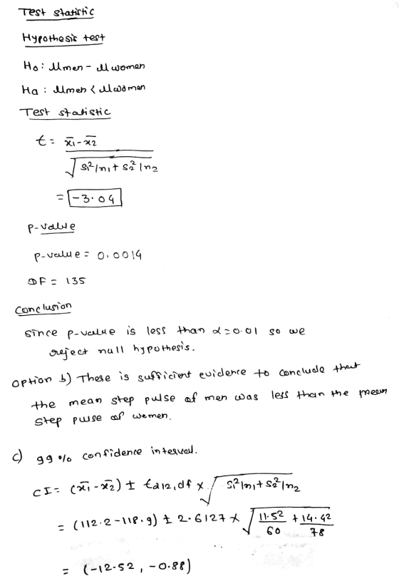 Test statistic Hypothesis test Hoi lmen - all women Ha: llmen all women Test statistic t = xi-x2 selnit s²lna - -3.04 P-value