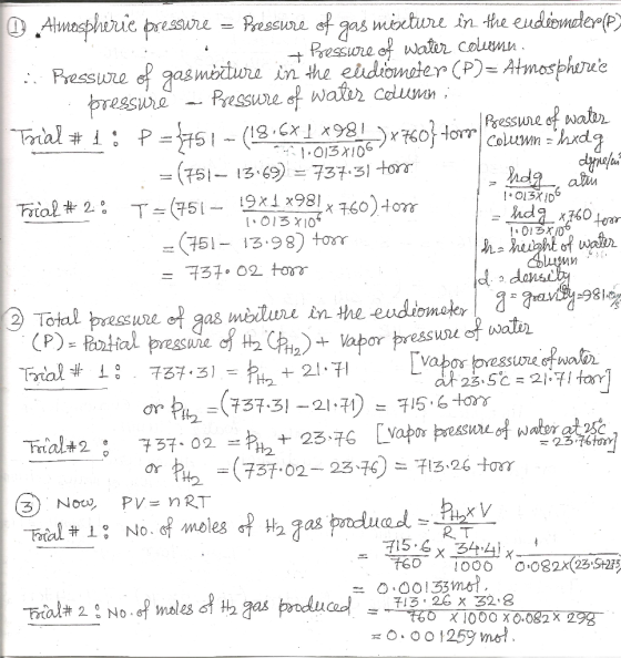 - hoog, atin - hdg x 760 too da desse - Amospheric pressure = Pressure of gas misture in the endiometer(P) + Pressure of wate