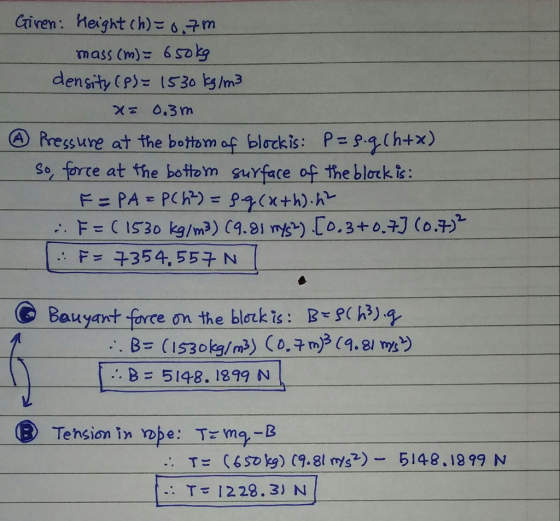 Civen: Height ch) 6 m density CP)z IS30 3/m3 ④Pressure at the bottom of blockis: P=9.2(htx) go force at the bothm surface of