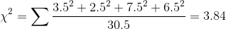 \chi^2 = \sum \frac{3.5^2 + 2.5^2 + 7.5^2 + 6.5^2}{30.5} = 3.84