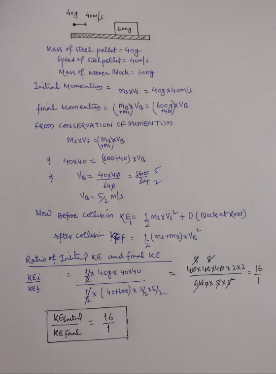 40g 40m/s | Good INT Ims/ mass of steel pellet = 40g Speed of steelpellet: 40m/s Mass of waxen Block - Goog Initial Momentum