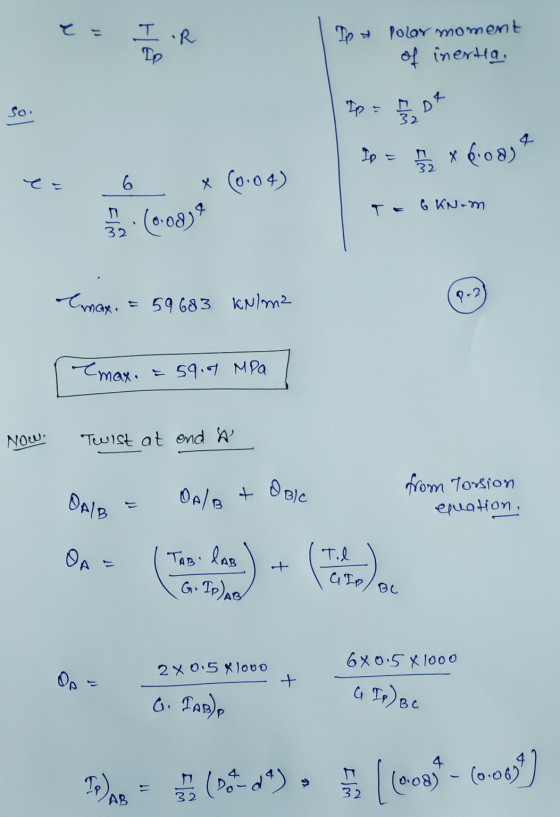 IR LP Polar moment of inertia. * So. Lp D IP It * 6:08) 32 e 6 (0.04) 6 KN-M (0:08)? 32 max. = 59 683 kN/m2 9-2 emax. - 59.9