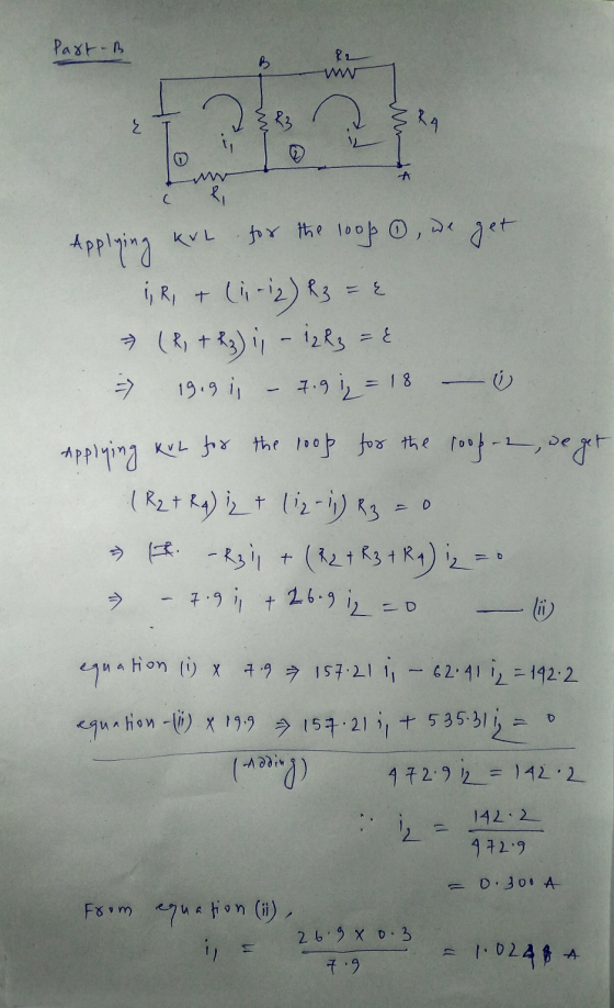 past-B w 24 C Applying KvL i, R, T for the loop , we get (11.12) R3 = 4 > (2, +23) 1 - 12 R₂ = { 19.91 - 7.92 = 18 0 Applying