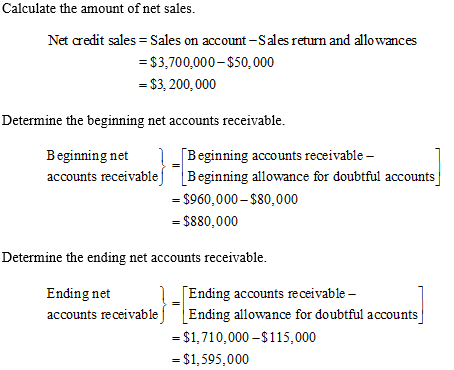 Calculate the amount of net sales. Net credit sales = Sales on account -Sales return and allowances = $3,700,000-$50,000 = $3