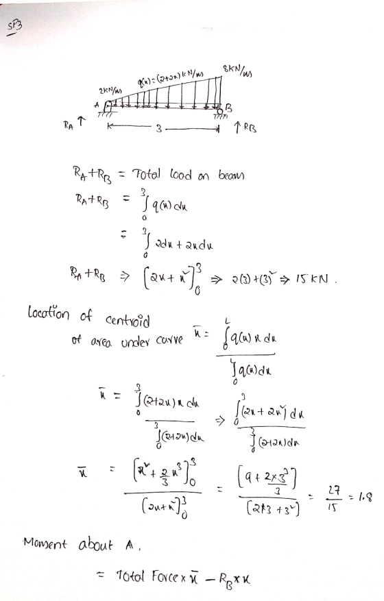 SP3 Sku 8kN/u Xx) = (2+3*) KN/us 2Nos %3 RATK 3 ARB RA + R3 = Total lood on beams Rat Res = y qu clk = wout anda Rp the → [au