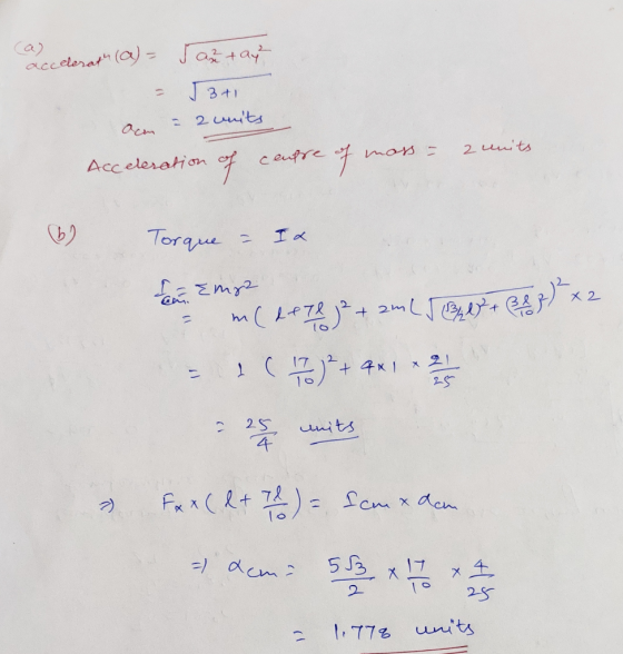 accelerath (a)= - až tay? 3+1 Ocm - 2 units Acceleration of centre of mass - 2 units Torque - Ix BeR) x2 in Empe = m betej ²+