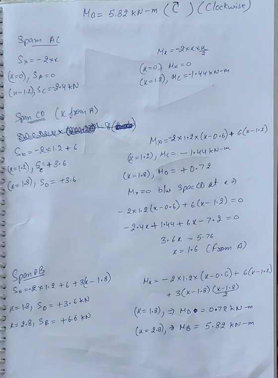 MB= 5.82 kN-m (?) (Clockwise) Mx = -2x K x 4 Spam Al Sx=-2x+ - (K=O), SA=0 (1=0), Mu=0 (x=1.2), oc=1044 KN-m (4-12), Sc=-24AN