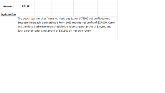 Answer: FALSE Explanation The peach partnership firm is no need pay tax on $ 75000 net profit earned. Because the peach partn