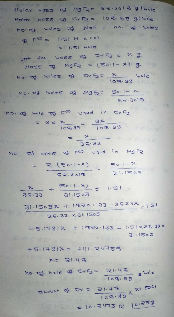 Molar mass of Mg F2= 62.3018 g/mole Molar mass & EvFz= 108.gg gl mole no. of moles S NAF = no. of moles O O = 1.51 M X 102 =