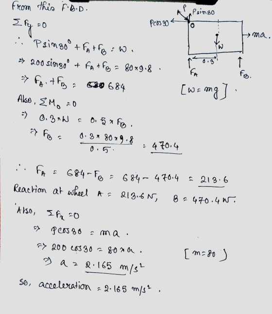 from this FBD. P Psimzo {fy 20 Pcos 30€ > ma. FA fo. - ::. PainBoo + Fatfo any 200 singoo + Farf = 80x9.8 * F . t FB a 520