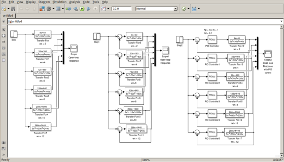 File Edit View Display Diagram Simulation Analysis Code Tools Help iii 10.0 Normal untitled untitled D Kp = 10. Ki = 1 Kd = 0
