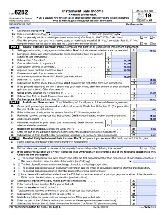 Form 6252 Yes 0 Installment Sale Income OMB No. 1545-0228 Attach to your tax return. 2019 Department of the Treasury Use a se
