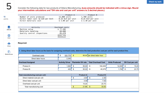 Check my work Consider the following data for two products of Gitano Manufacturing. (Loss amounts should be indicated with a
