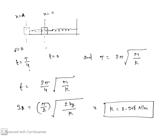 x=A v=0 t=0 and T= T= 2 it t: I . Elt 20T ta 27 In 38 2 kg cm 3 k=0.548 N/m K CScanned with CamScanner