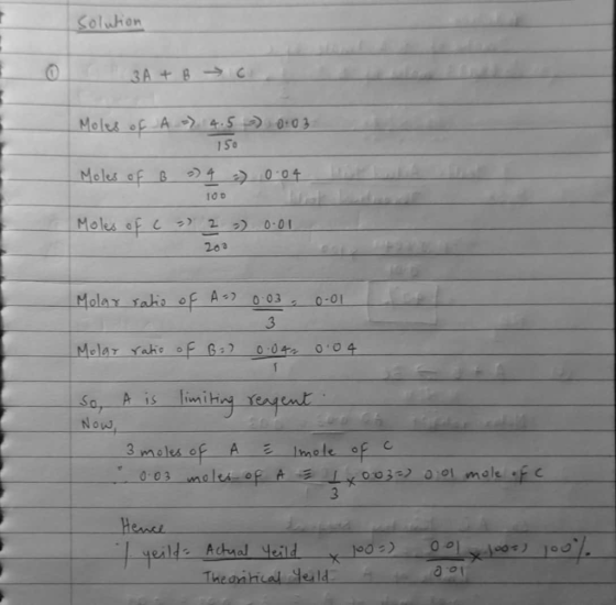Solution 3 A + B C Moles of A 0.03. ) 4.5 150 ) 4 = Moles of B 0.04 TOD Moles of c ) 2 ₂ 0.01 202 Molar ratio of A = 0.03 0.0