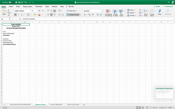 AutoSave OFF ñHE SU Horizontal Financial Statement Home Insert Draw Page Layout Formulas Data Review View Tell me Share 0 Com