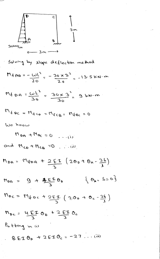 3면 8 30kNm ㄴ 3m solving by slope deflection method MfiAn = - Wl? 20 30x32 13. SKN - 20 MA DA = WL 30x 3 30 9 KN-m 30 Mfoc Myc