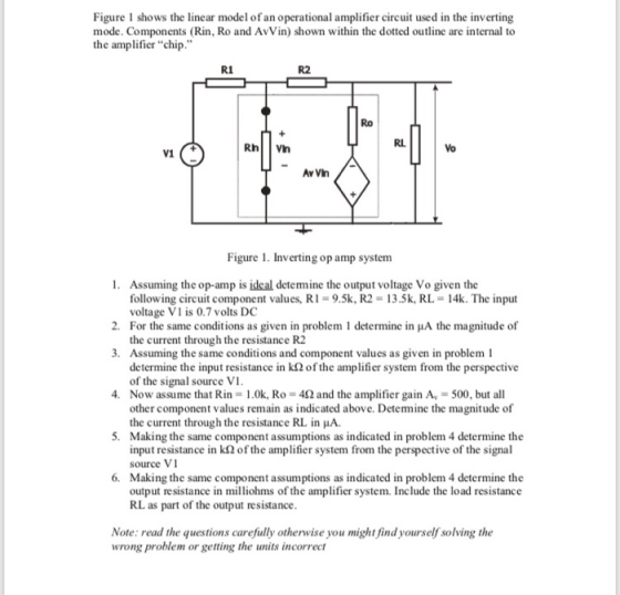 Figure 1 shows the linear model of an operational amplifier circuit used in the inverting mode. Components (Rin, Ro and AvVin) shown within the dotted outline are internal to the amplifier chip. R1 R2 Ro RL Rh Vin Vo V1 Figure . Inverting op amp system 1. Assuming the op-amp is ideal detemine the output voltage Vo given the following circuit component values, RI-9.5k, R2- 13.5k, RL voltage V1 is 0.7 volts DC For the same conditions as given in problem l determine in ?? the magnitude of the current through the resistance R2 Assuming the same conditions and component values as given in problem 1 determine the input resistance in k? of the amplifier system from the perspective of the signal source VI Now assume that Rin = 1.0k, Ro-4? and the amplifier gain Av-500, but all other component values remain as indicated above. Detemine the magnitude of the current through the resistance RL in ??. Making the same component assumptions as indicated in problem 4 determine the input resistance in k2 of the amplifier system from the perspective of the signal source V1 Making the same component assumptions as indicated in problem 4 determine the output resistance in milliohms of the amplifier system. Include the load resistance RL as part of the output resistance 14k. The input 2. 3. 4. 5. 6. Note: read the questions carefully otherwise you might find yourself solving the wrong problem or getting the units incorrect
